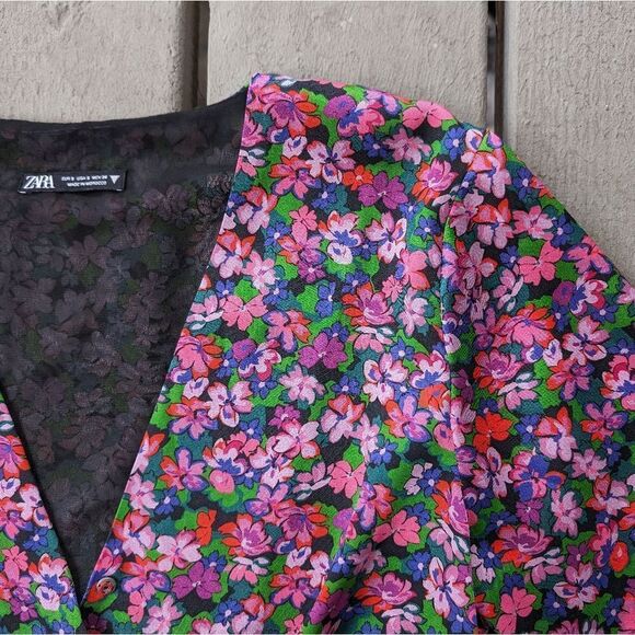 Zara Multicolor Ditsy Floral Satin V-Neck Long Sleeve Faux Wrap Mini Dress Sz‎ S - Picture 6 of 7